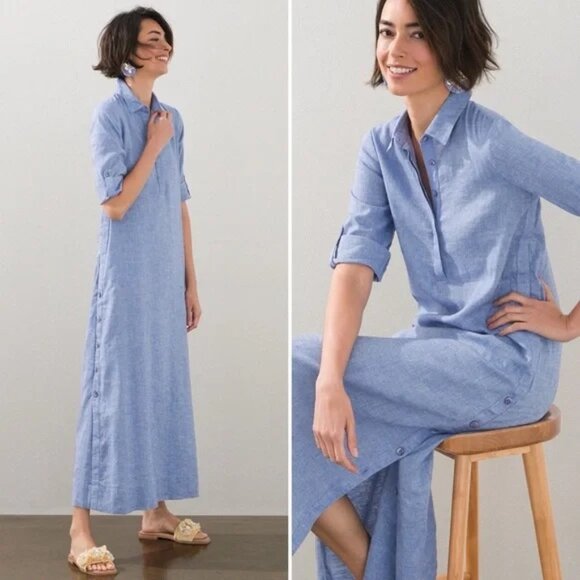 Chicos chambray denim Linen Blend Button Seam Maxi Dress size 2 - Picture 1 of 11